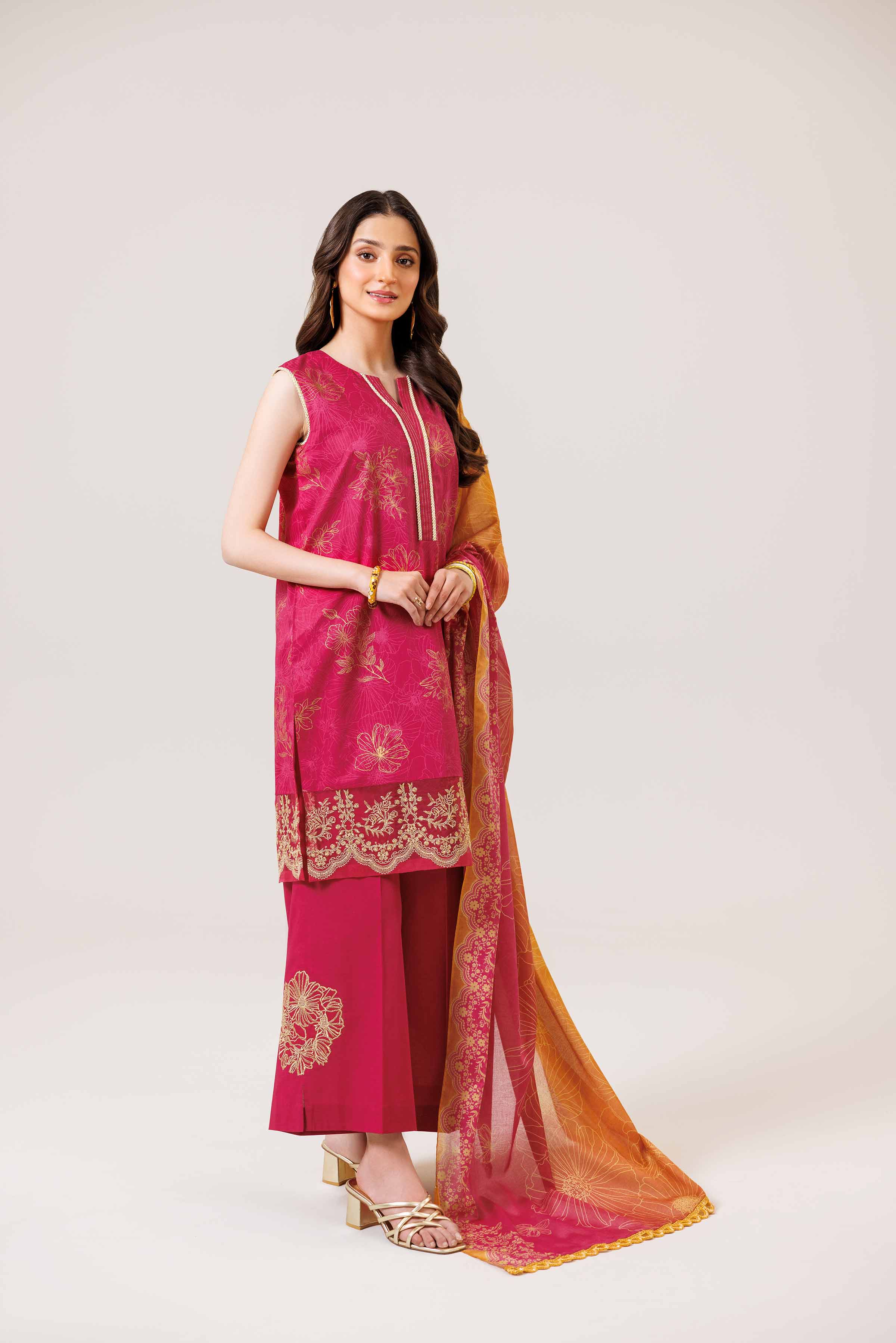 3 Piece - Gold Printed Embroidered Suit - 42401858 - Image 6