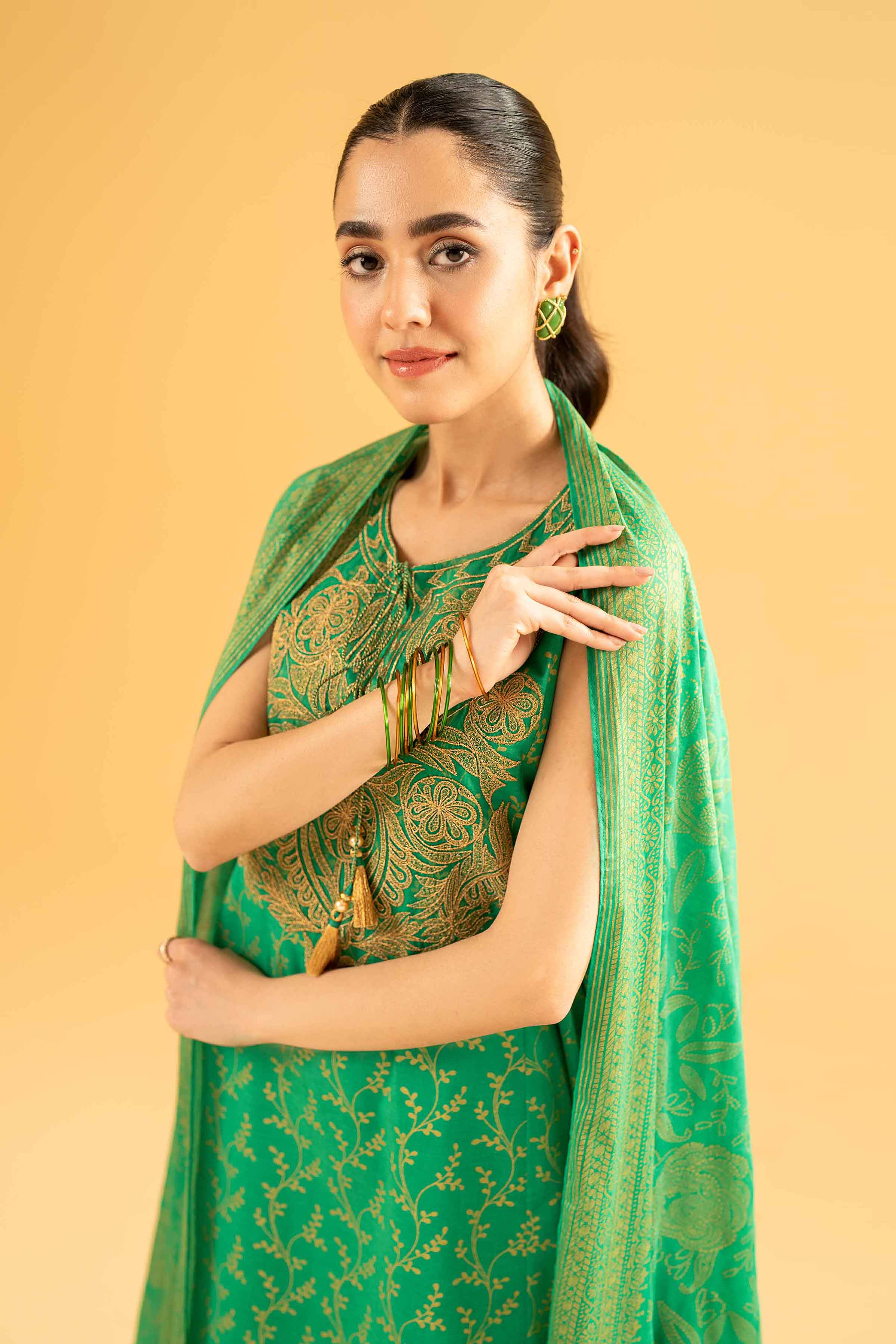 3 Piece - Gold Printed Embroidered Suit - 42401864