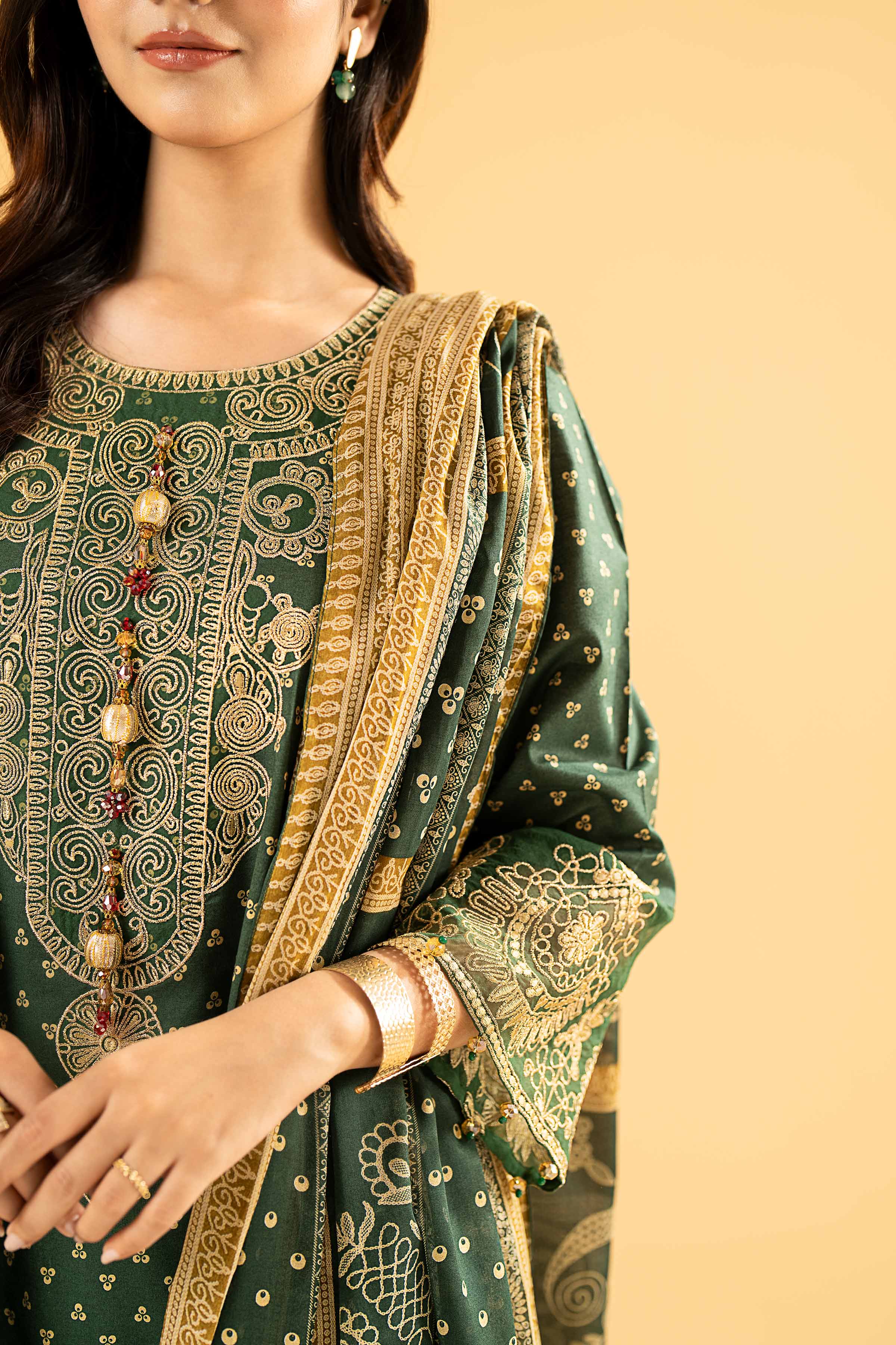 3 Piece - Gold Printed Embroidered Suit - 42401865 - Image 4