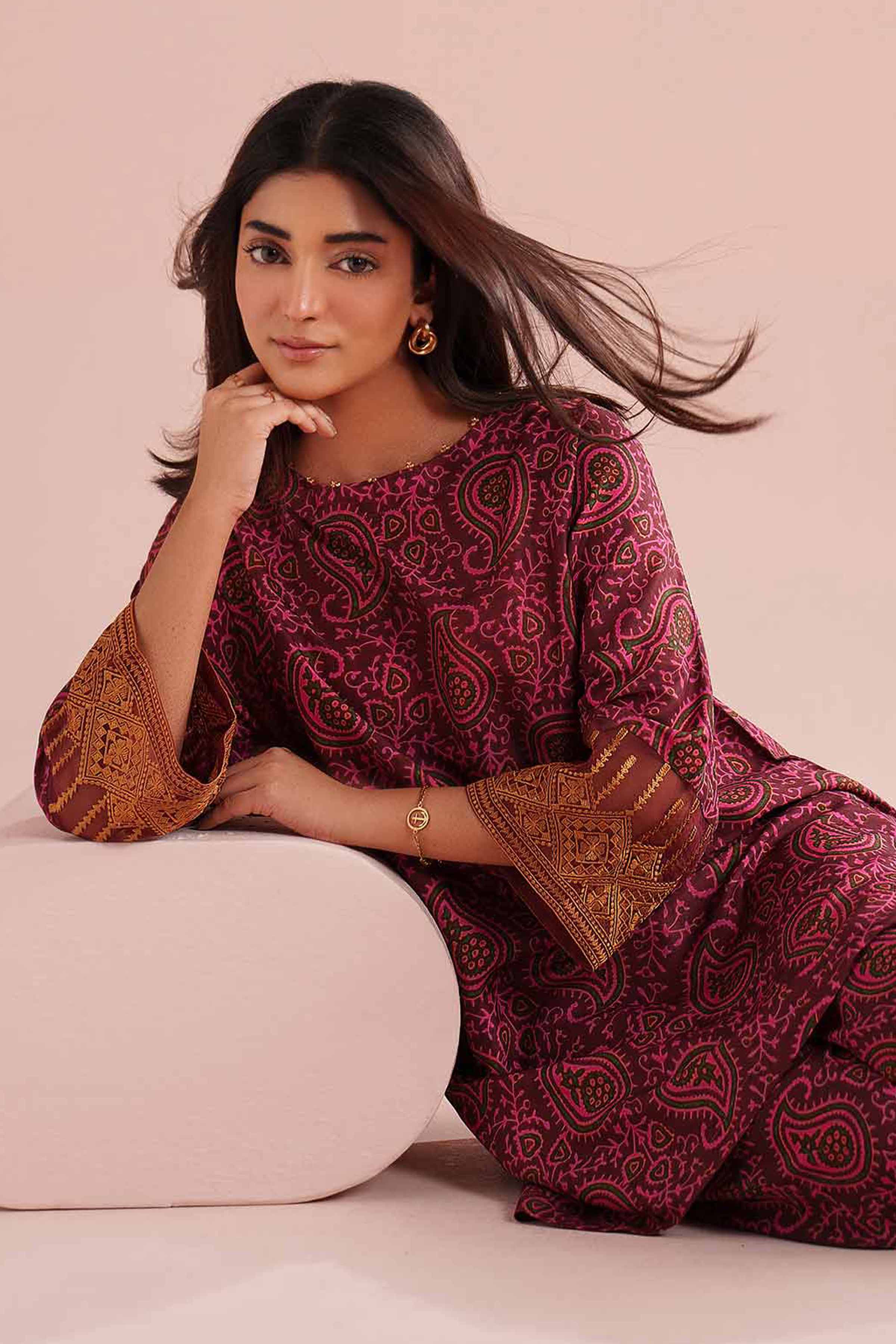 2 Piece - Printed Embroidered Suit - PE26-25