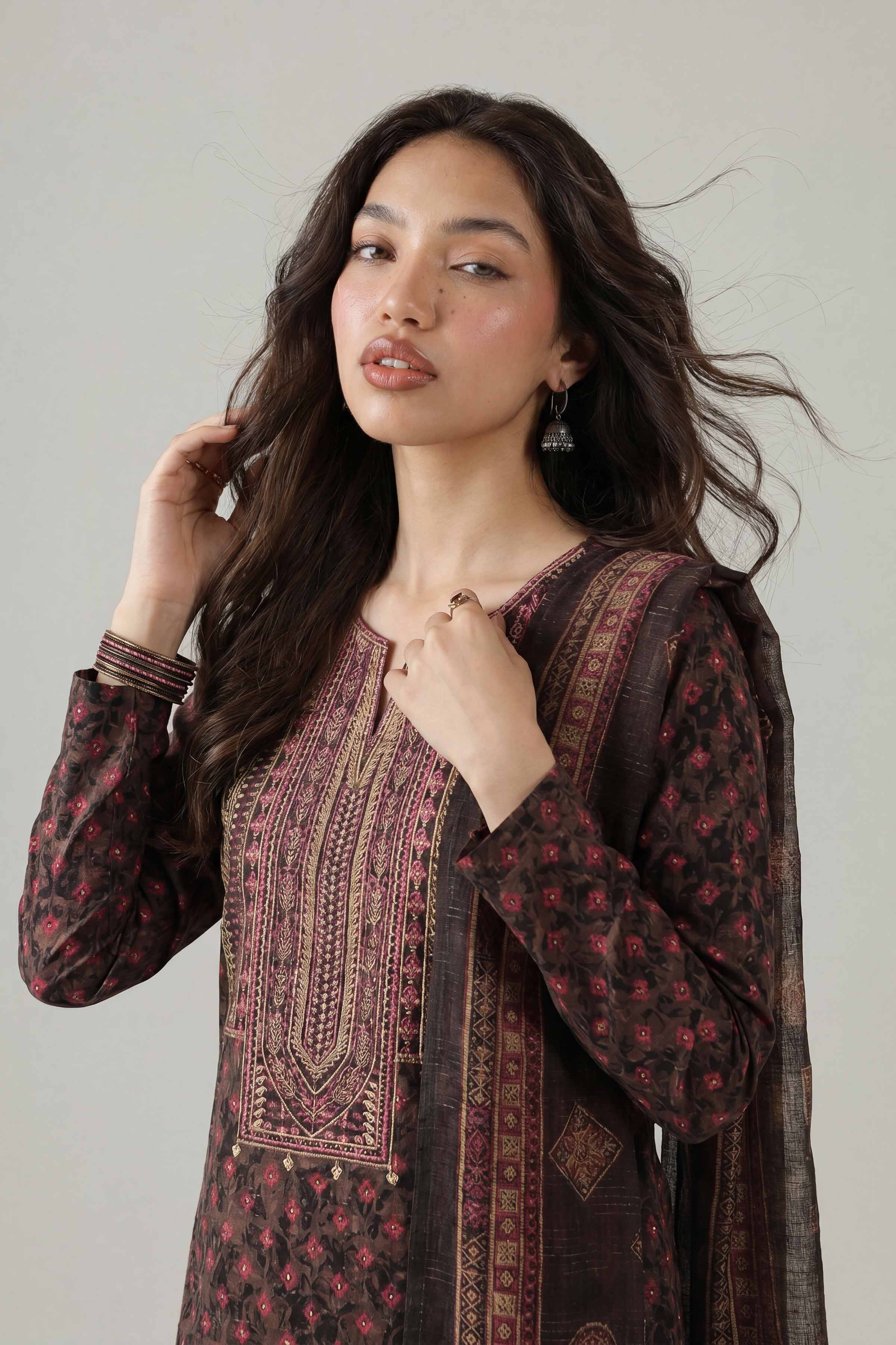 3 Piece - Printed Embroidered Suit - PE26-333 - Image 5