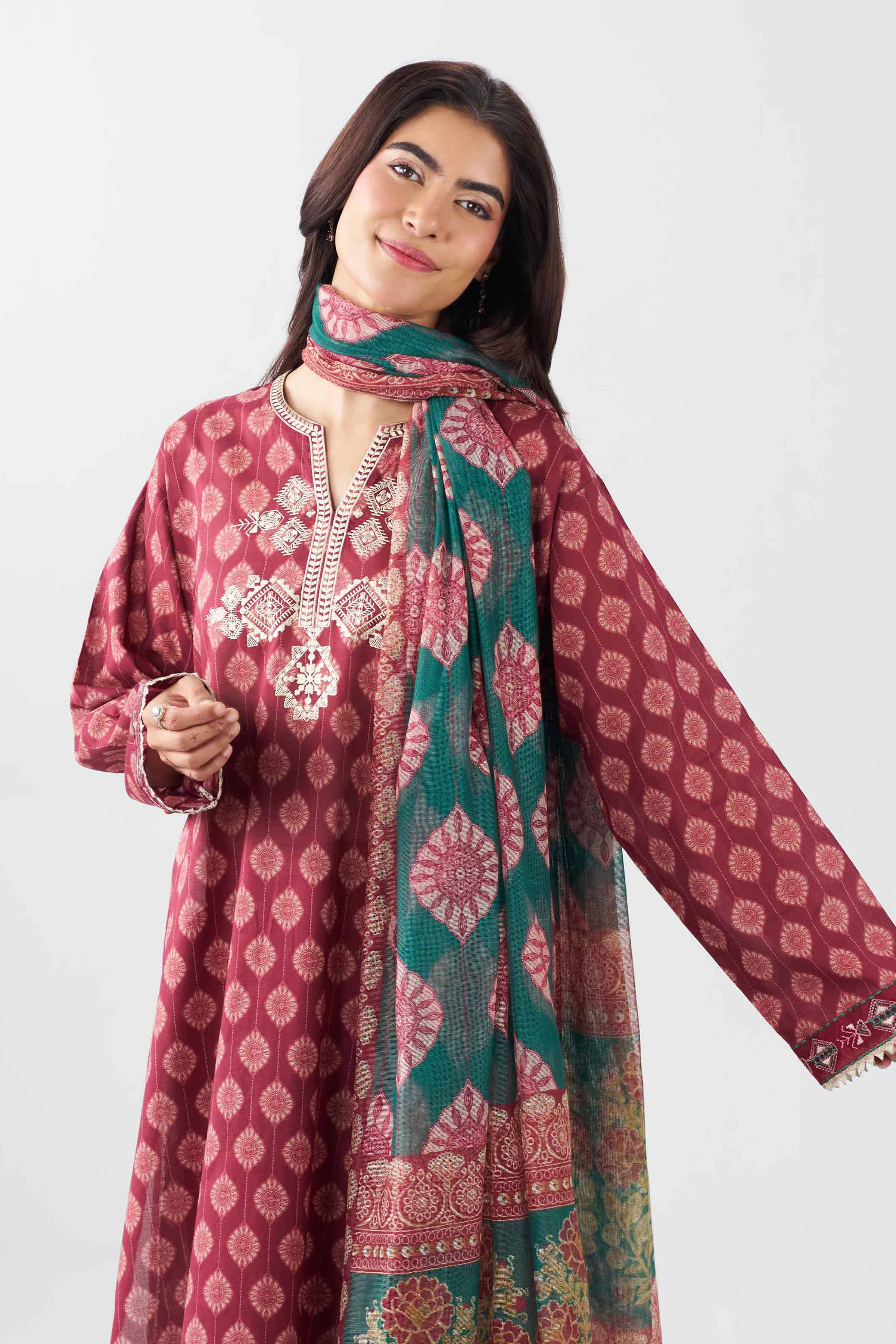 3 Piece - Printed Embroidered Suit - PE26-505 - Image 2