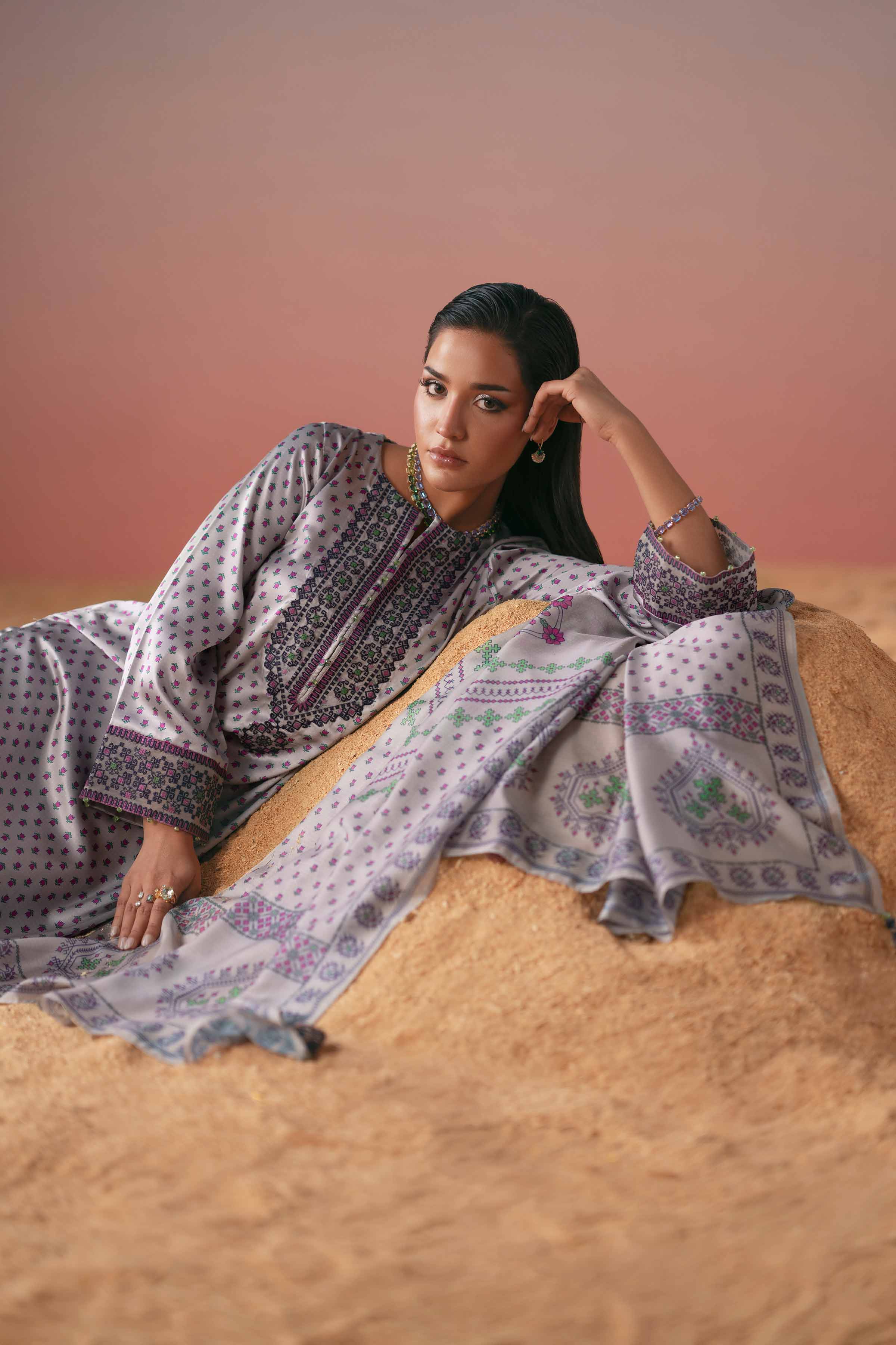 3 Piece - Printed Embroidered Suit - PW25-409 - Image 13