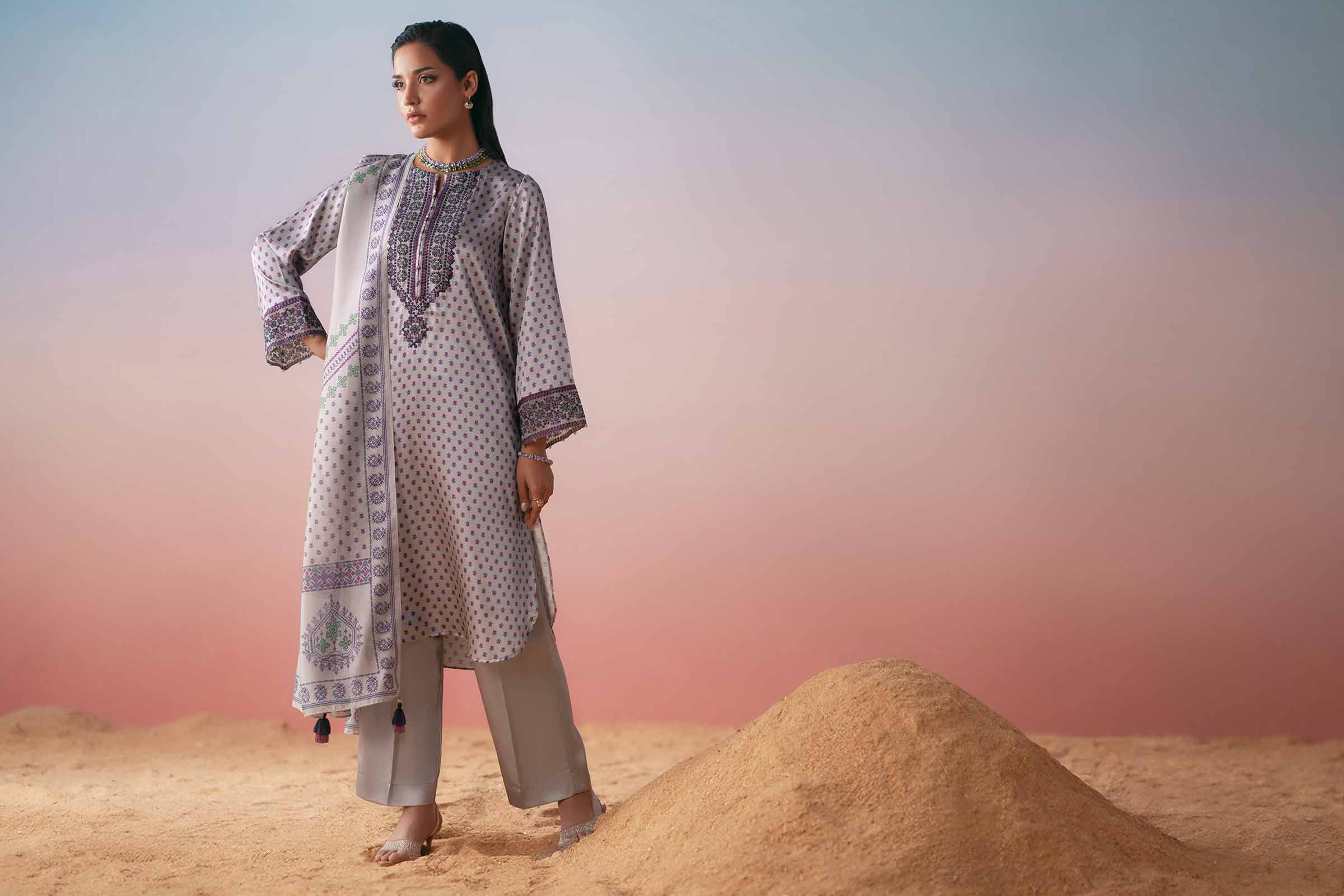 3 Piece - Printed Embroidered Suit - PW25-409 - Image 3