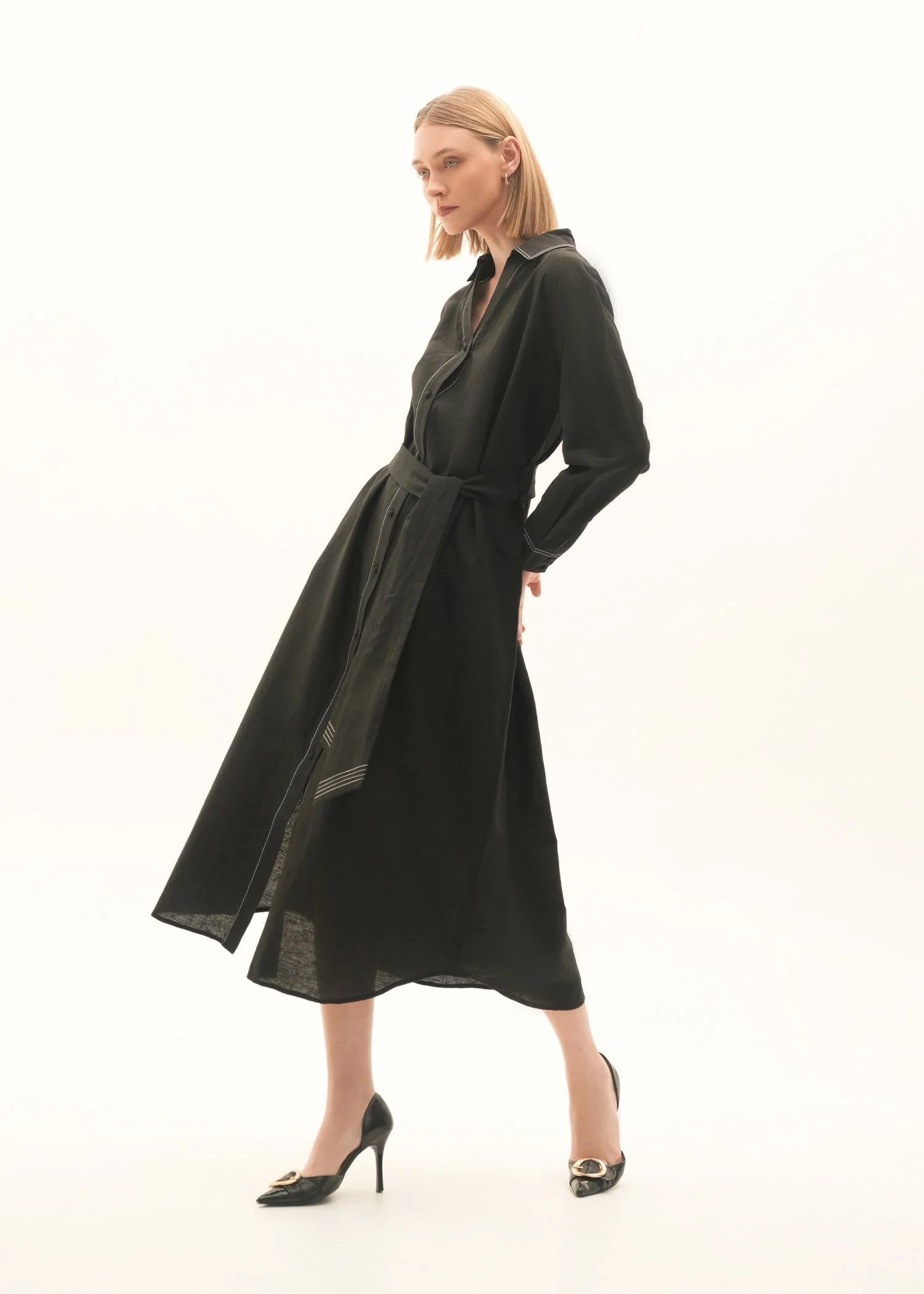 Flared Dress With Contasting Top-Stitches - KOA - Image 5