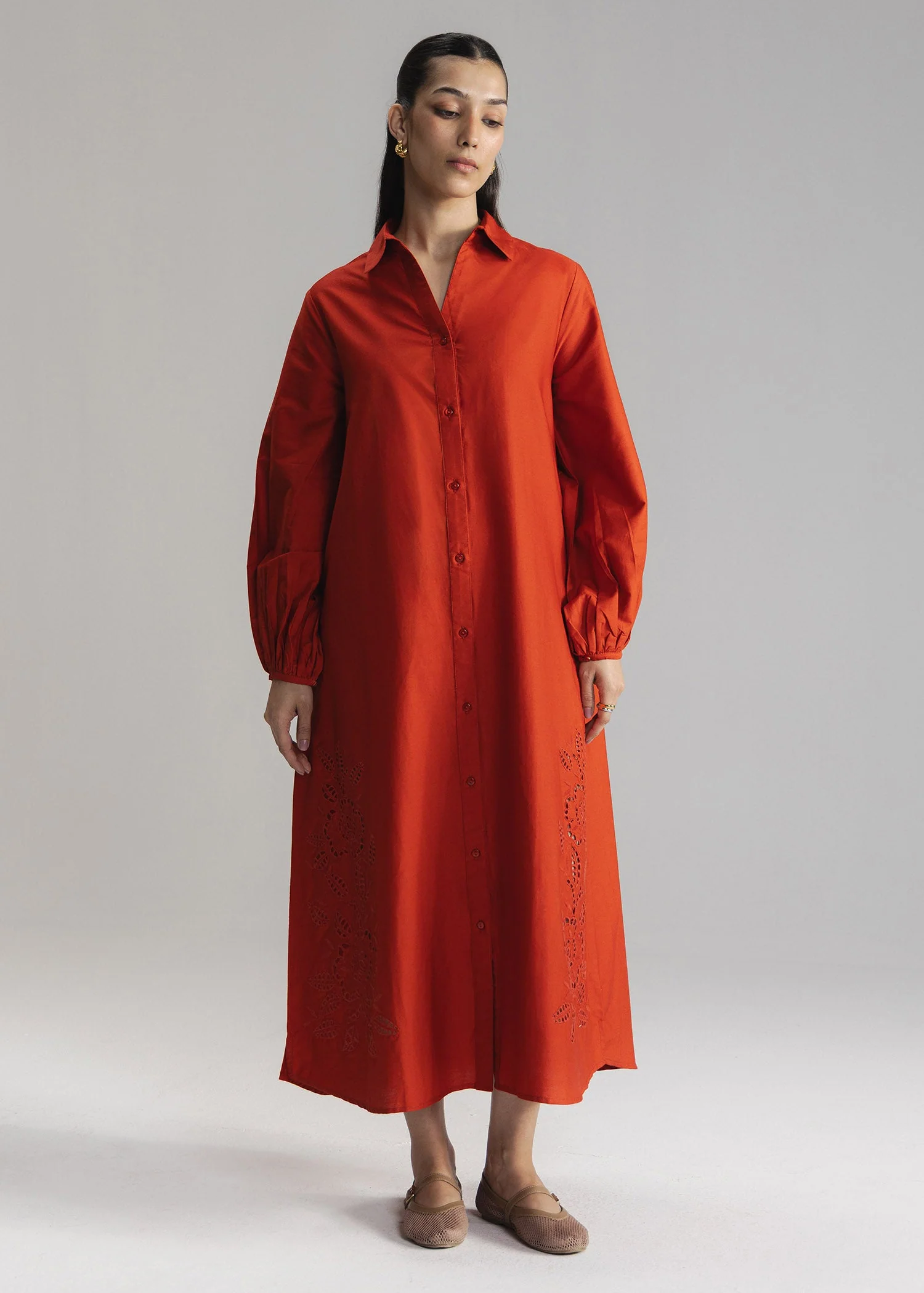 Schiffli Button Down Long Dress- WS26-41